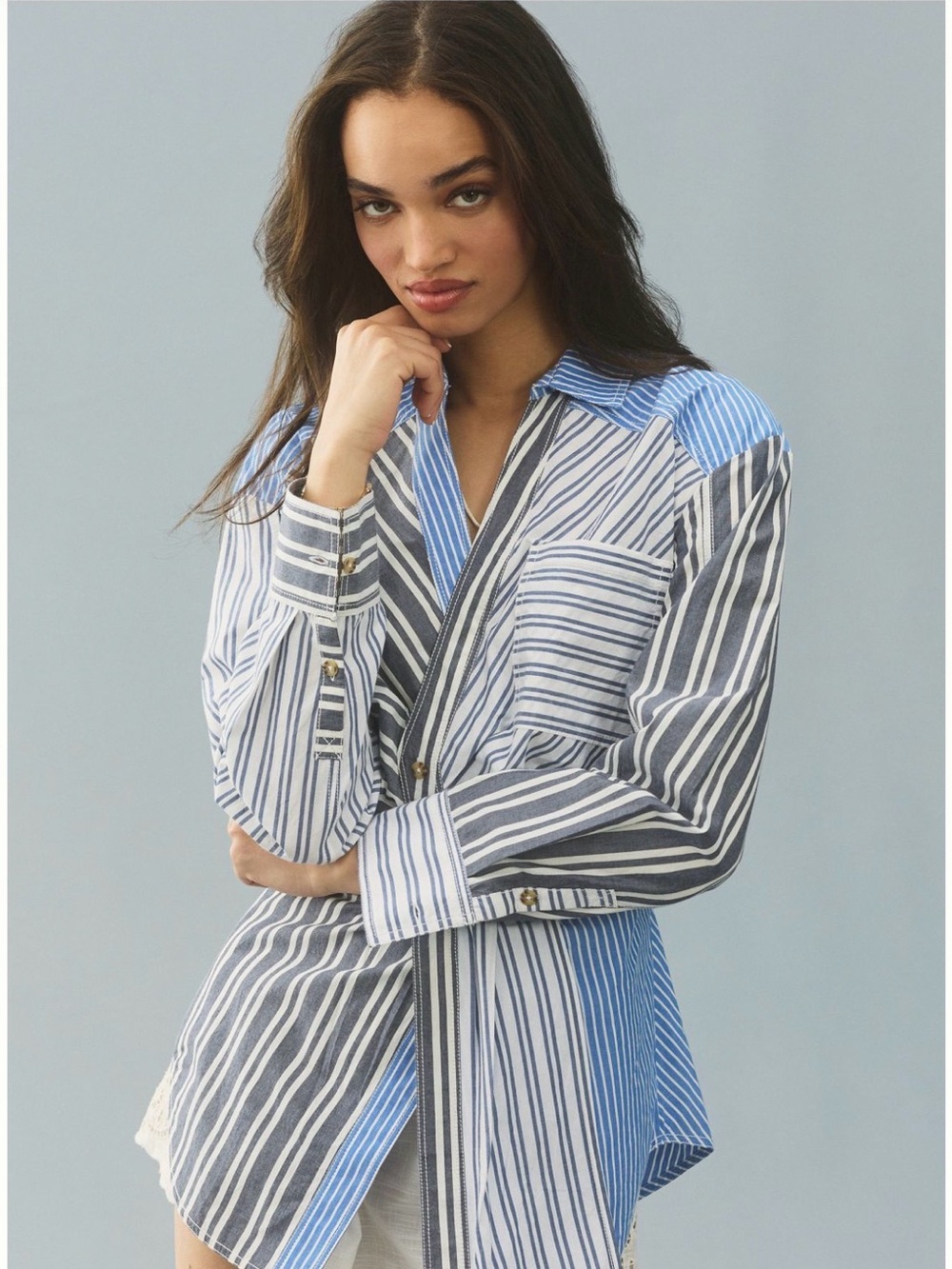 Pilcro Striped Button-Up Shirt in Blue and White